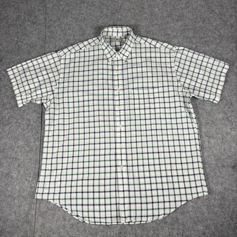 LL Bean Shirt Mens XL White Green Blue Striped Short Sleeve Seersucker USA Vtg